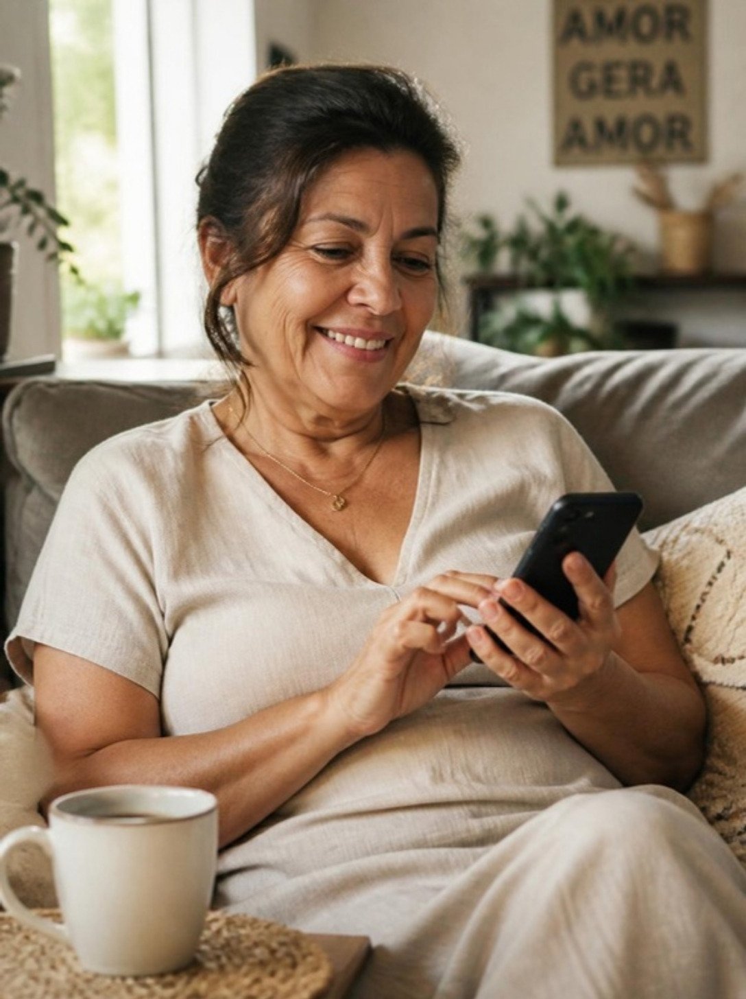 Mulher sorrindo no sofá de casa enquanto conversa pelo celular