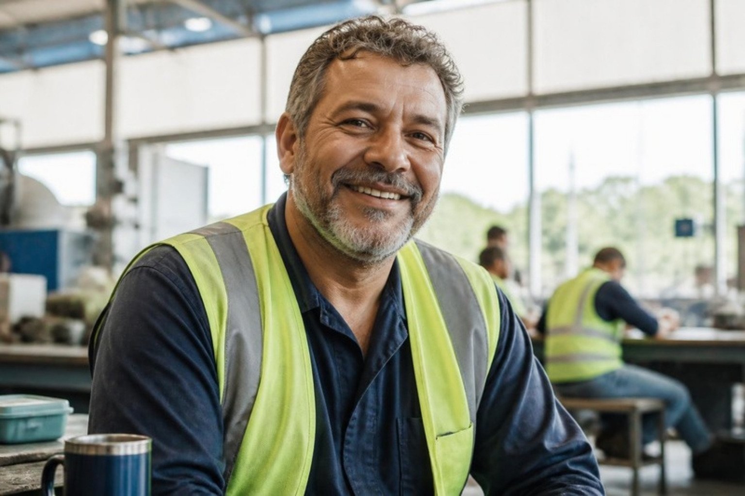 Trabalhador de colete sorrindo durante o expediente na operação